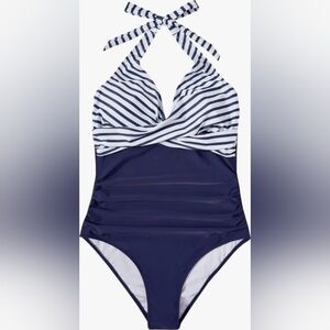 Striped Navy & White Halter One-Piece Swimsuit Size XXL